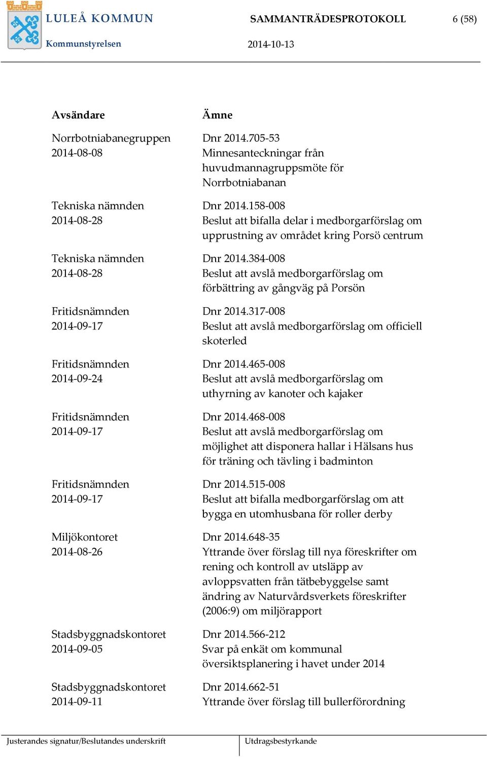 705-53 Minnesanteckningar från huvudmannagruppsmöte för Norrbotniabanan Dnr 2014.158-008 Beslut att bifalla delar i medborgarförslag om upprustning av området kring Porsö centrum Dnr 2014.