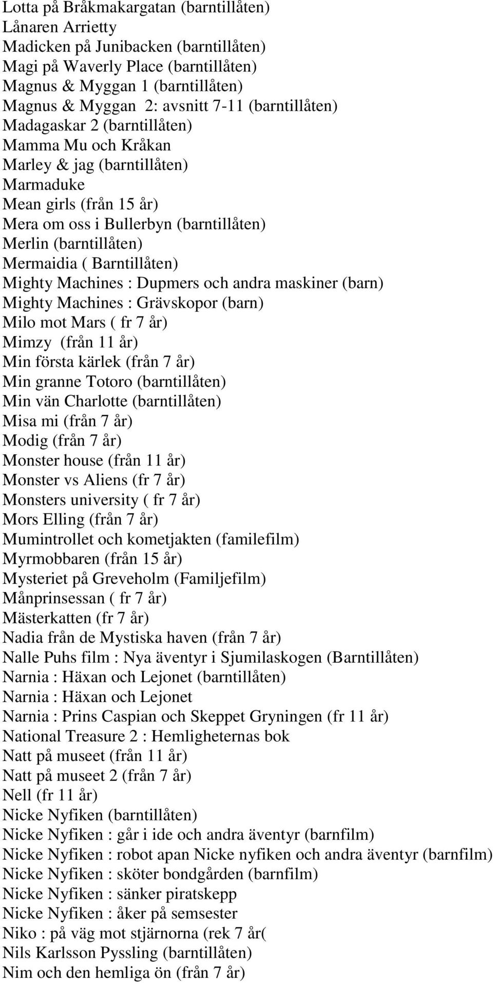 Barntillåten) Mighty Machines : Dupmers och andra maskiner (barn) Mighty Machines : Grävskopor (barn) Milo mot Mars ( fr 7 år) Mimzy (från 11 år) Min första kärlek (från 7 år) Min granne Totoro