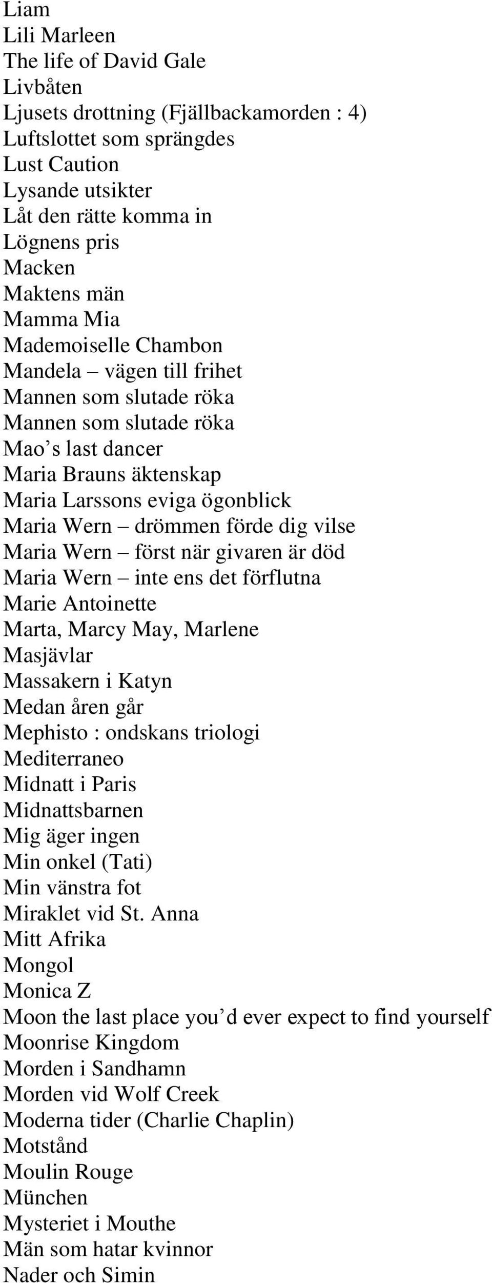 förde dig vilse Maria Wern först när givaren är död Maria Wern inte ens det förflutna Marie Antoinette Marta, Marcy May, Marlene Masjävlar Massakern i Katyn Medan åren går Mephisto : ondskans