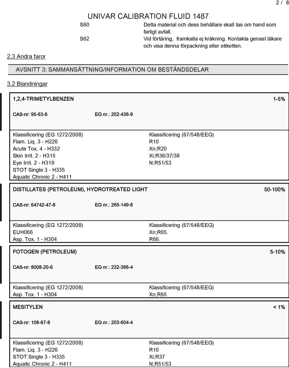 : 202-436-9 Klassificering (EG 1272/200) Flam. Liq. 3 - H226 Acute Tox. 4 - H332 Skin Irrit. 2 - H315 Eye Irrit.