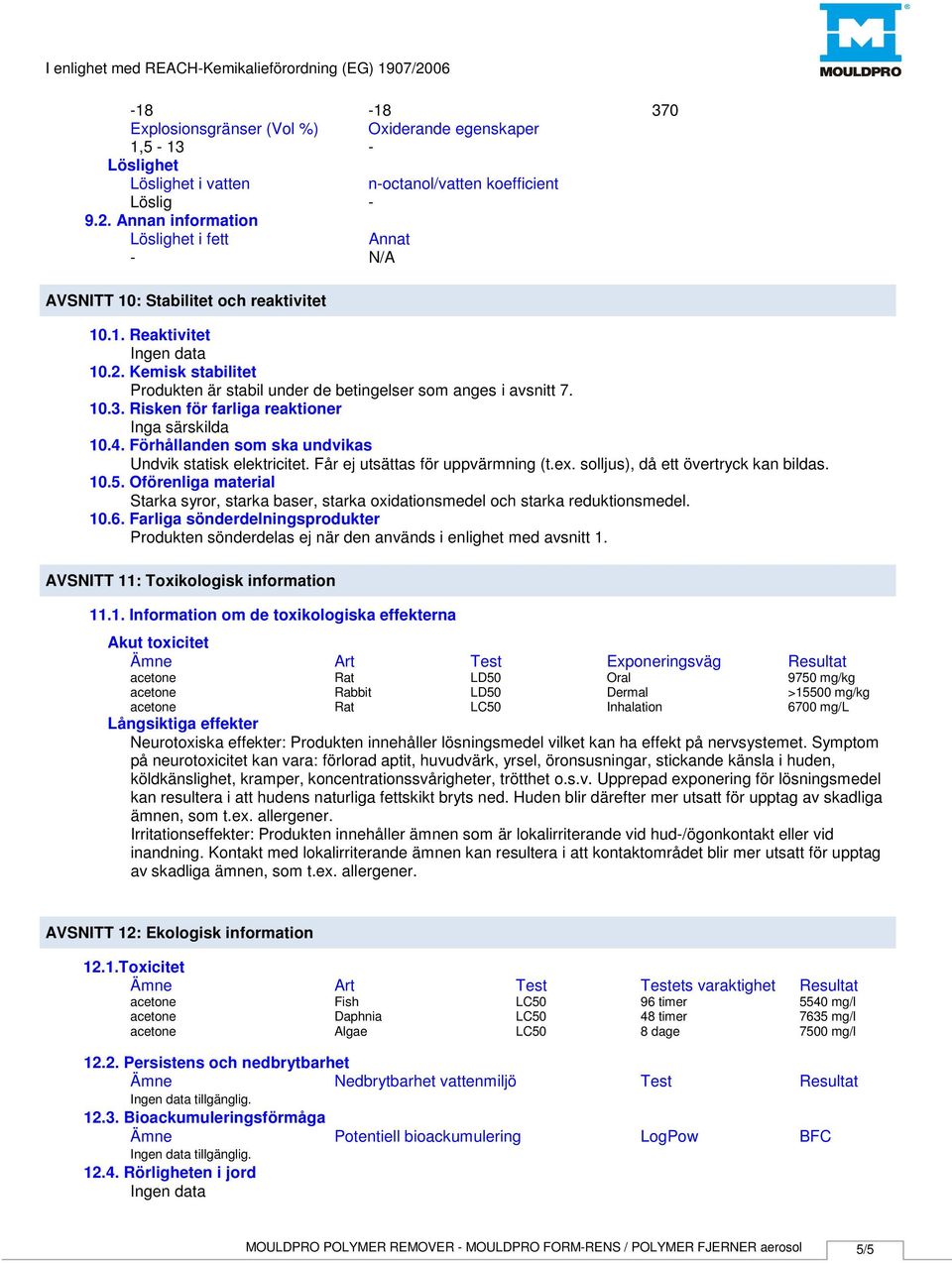 Förhållanden som ska undvikas Undvik statisk elektricitet. Får ej utsättas för uppvärmning (t.ex. solljus), då ett övertryck kan bildas. 10.5.