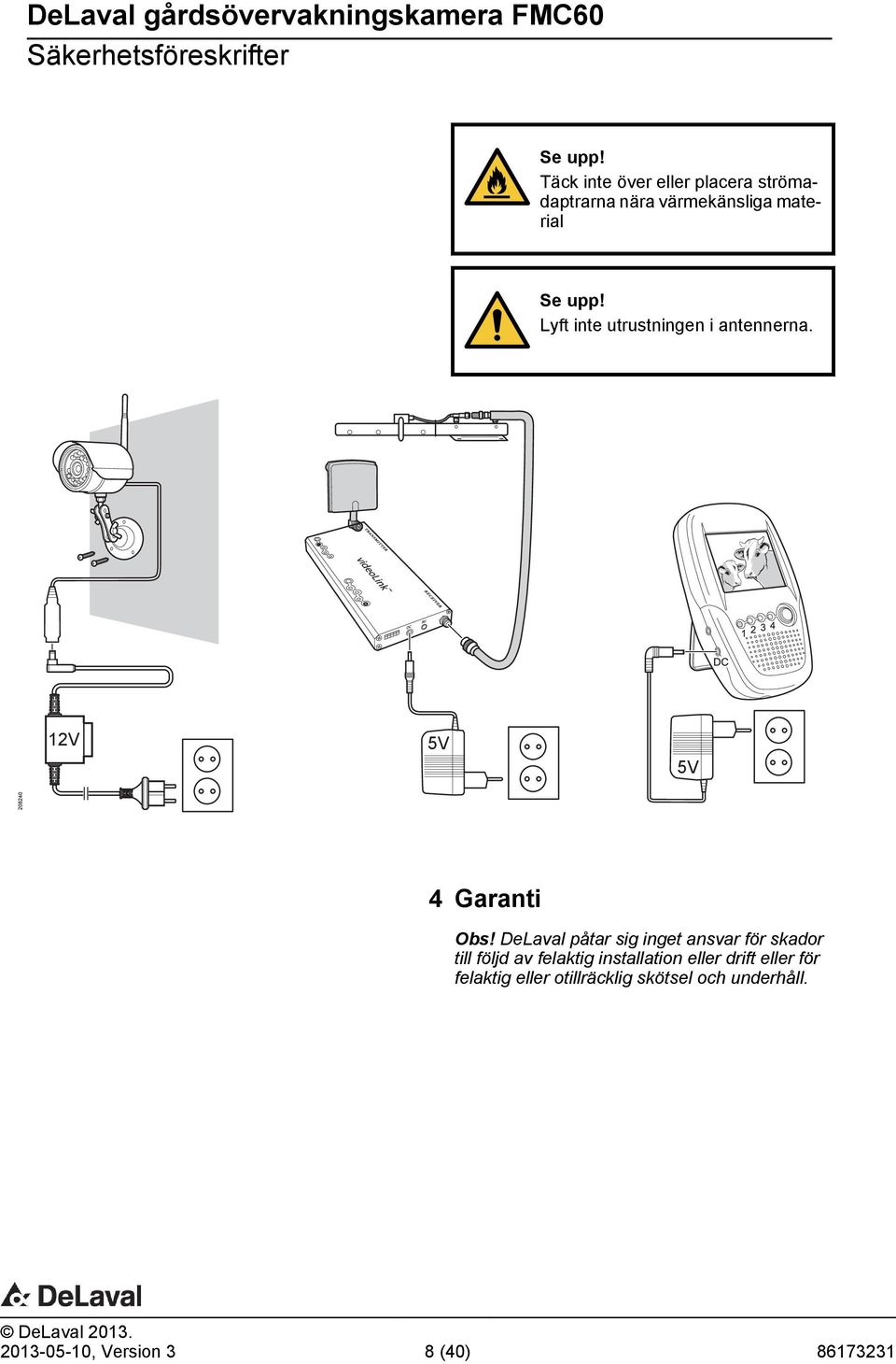 Lyft inte utrustningen i antennerna. 12V 5V 5V 208240 4 Garanti Obs!