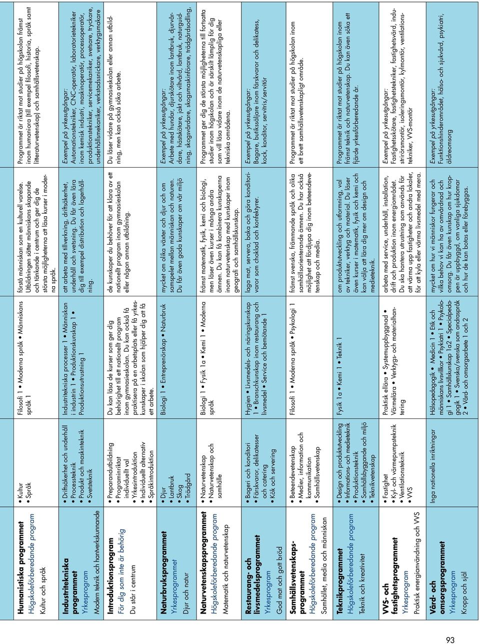 Samhällsvetenskapsprogrammet Högskoleförberedande program Samhället, media och människan Teknikprogrammet Högskoleförberedande program Teknik och kreativitet VVS- och fastighetsprogrammet Praktisk