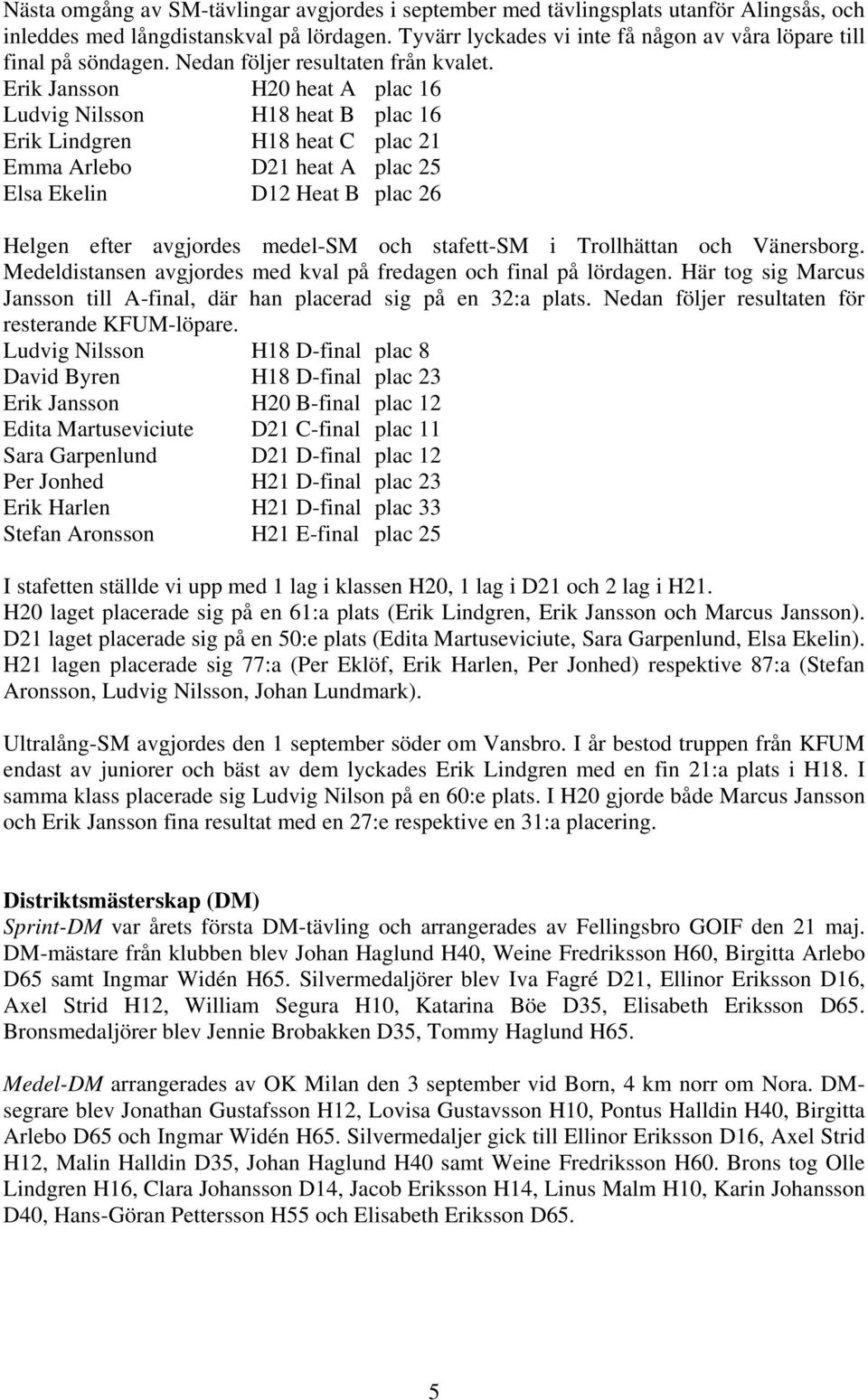 Erik Jansson H20 heat A plac 16 Ludvig Nilsson H18 heat B plac 16 Erik Lindgren H18 heat C plac 21 Emma Arlebo D21 heat A plac 25 Elsa Ekelin D12 Heat B plac 26 Helgen efter avgjordes medel-sm och