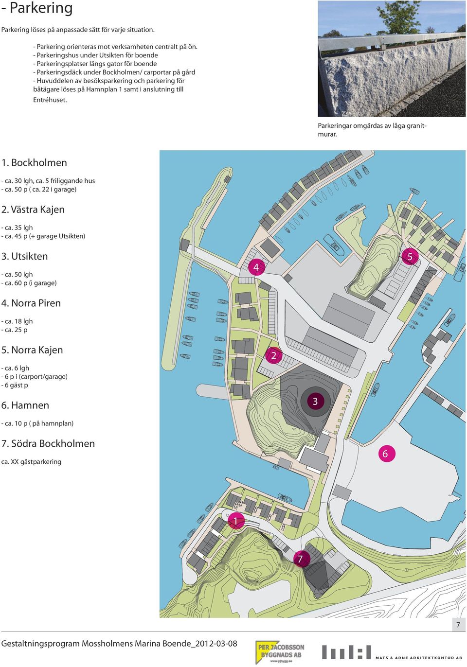 löses på Hamnplan 1 samt i anslutning till Entréhuset. Parkeringar omgärdas av låga granitmurar. 1. Bockholmen - ca. 30 lgh, ca. 5 friliggande hus - ca. 50 p ( ca. 22 i garage) 2. Västra Kajen - ca.