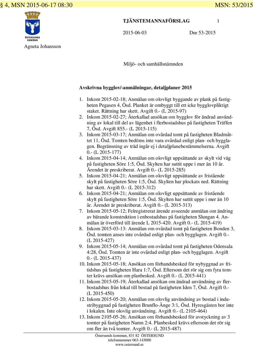 Inkom 2015-02-27; Återkallad ansökan om bygglov för ändrad användning av lokal till del av lägenhet i flerbostadshus på fastigheten Träffen 7, Ösd. Avgift 855.- (L 2015-115) 3.