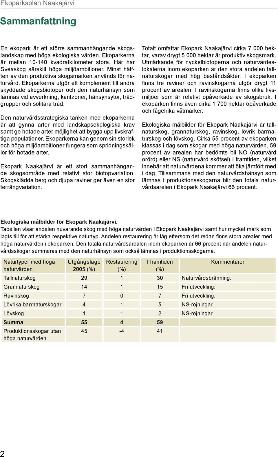 Ekoparkerna utgör ett komplement till andra skyddade skogsbiotoper och den naturhänsyn som lämnas vid avverkning, kantzoner, hänsynsytor, trädgrupper och solitära träd.