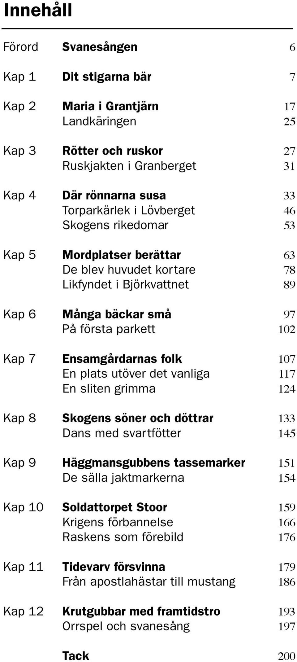 En plats utöver det vanliga 117 En sliten grimma 124 Kap 8 Skogens söner och döttrar 133 Dans med svartfötter 145 Kap 9 Häggmansgubbens tassemarker 151 De sälla jaktmarkerna 154 Kap 10