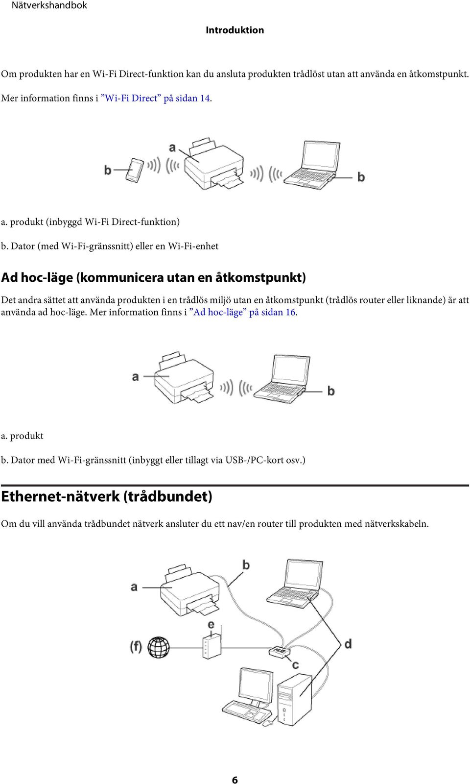 (trådlös router eller liknande) är att använda ad hoc-läge. Mer information finns i Ad hoc-läge på sidan 16. a. produkt b.