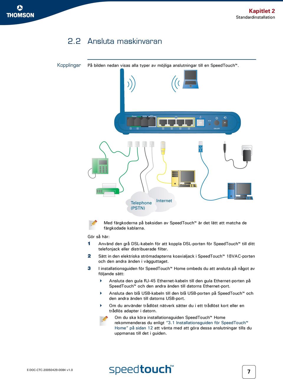 1 Använd den grå DSL-kabeln för att koppla DSL-porten för SpeedTouch till ditt telefonjack eller distribuerade filter.