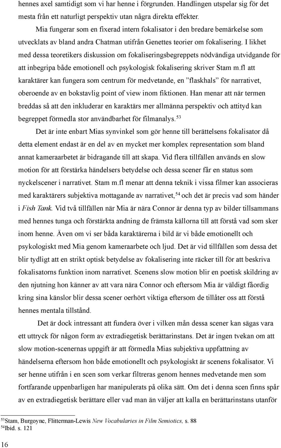 I likhet med dessa teoretikers diskussion om fokaliseringsbegreppets nödvändiga utvidgande för att inbegripa både emotionell och psykologisk fokalisering skriver Stam m.