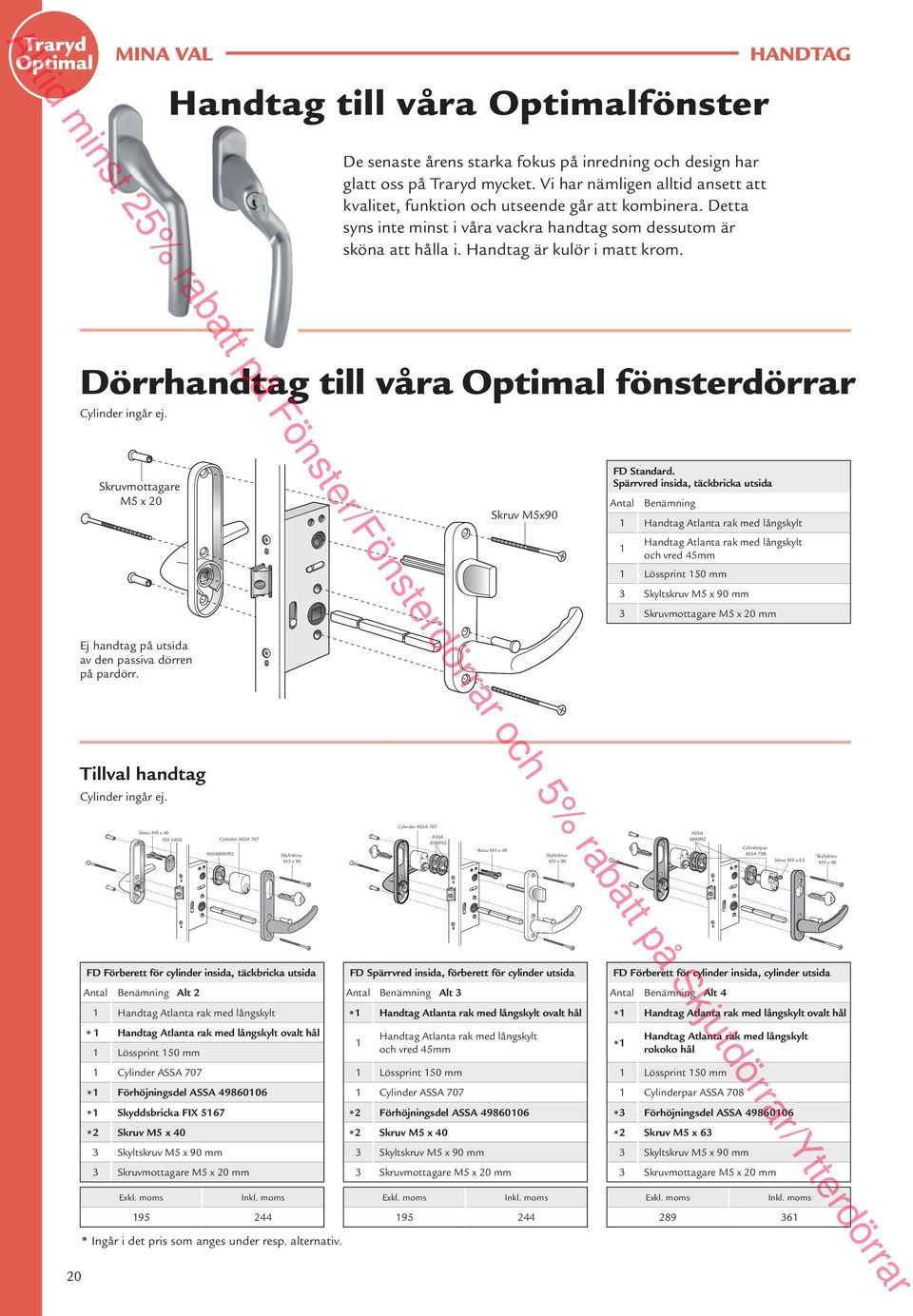 Dörrhandtag till våra Optimal fönsterdörrar Cylinder ingår ej. Ej handtag på utsida av den passiva dörren på pardörr. FD Standard.