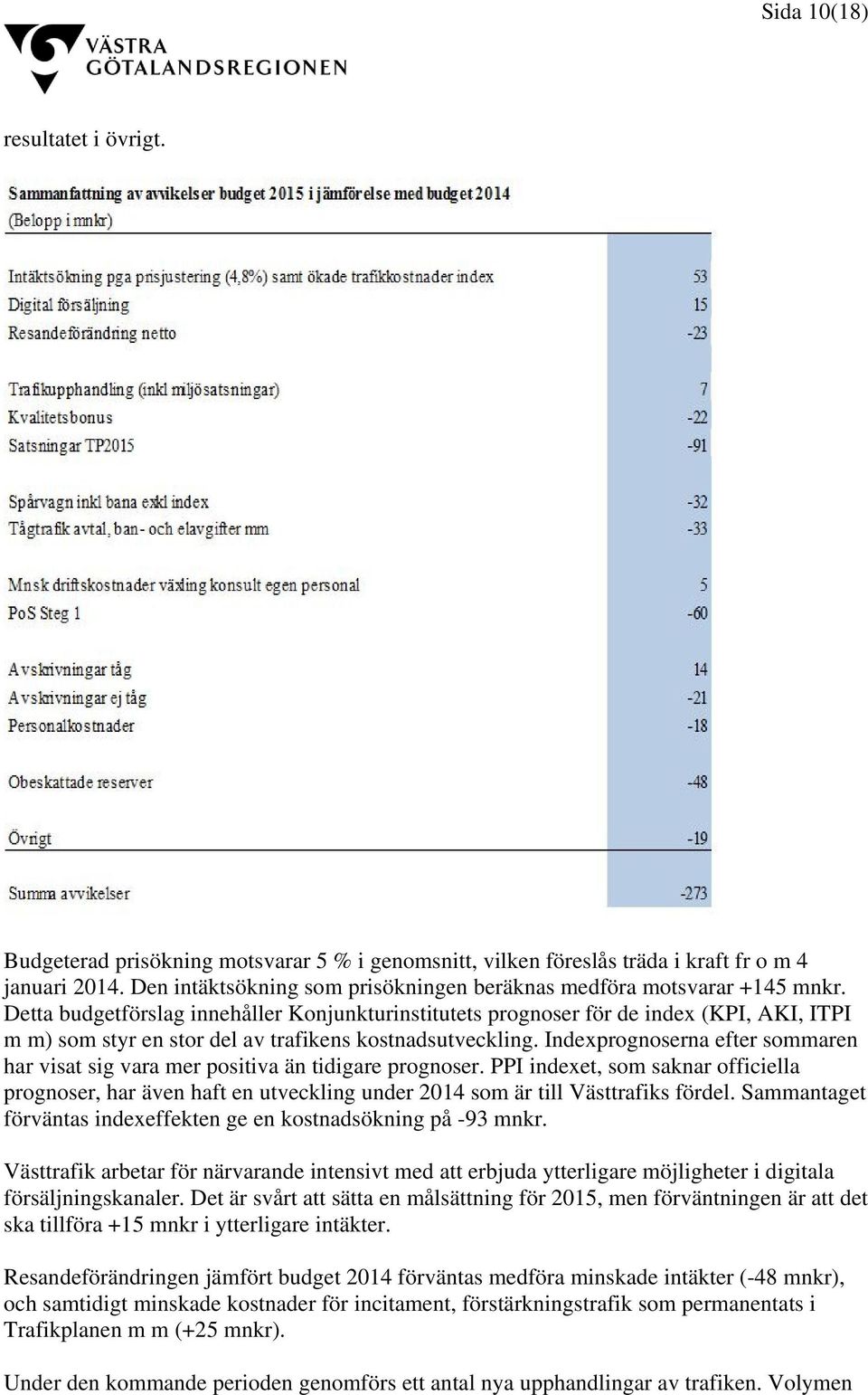 Detta budgetförslag innehåller Konjunkturinstitutets prognoser för de index (KPI, AKI, ITPI m m) som styr en stor del av trafikens kostnadsutveckling.