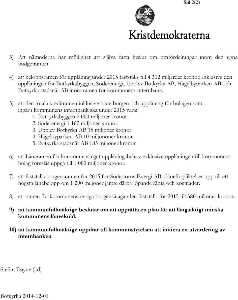 stadsnät AB inom ramen för kommunens internbank. 5) att den totala kreditramen inklusive både borgen och upplåning för bolagen som ingår i kommunens internbank ska under 2015 vara: 1.