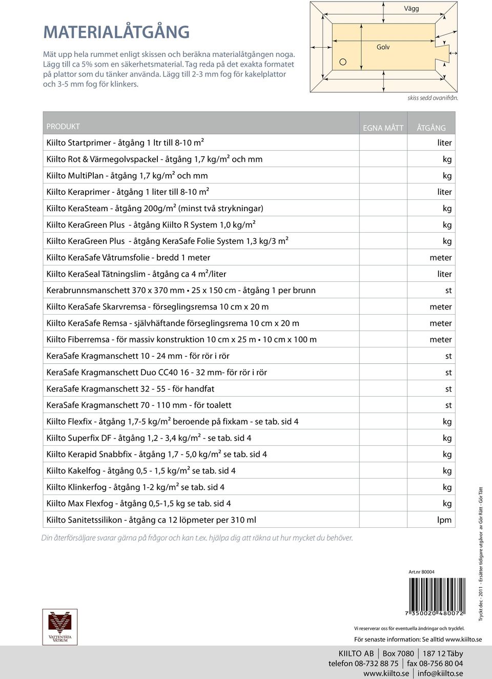 PRODUKT EGNA MÅTT ÅTGÅNG Kiilto Startprimer - åtgång ltr till -0 m² Kiilto Rot & Värmegolvspackel - åtgång, /m² och mm Kiilto MultiPlan - åtgång, /m² och mm Kiilto Keraprimer - åtgång liter till -0