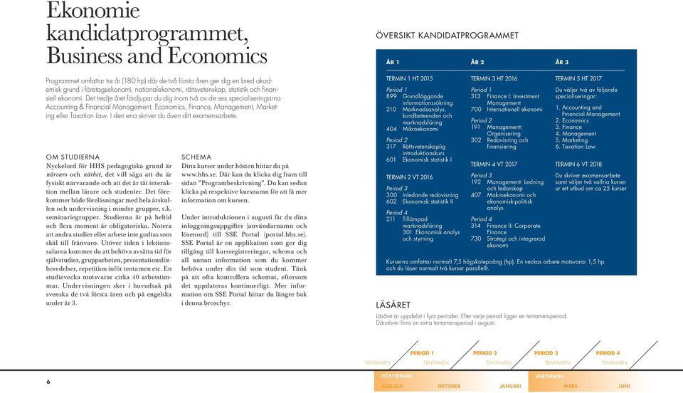 Det tredje året fördjupar du dig inom två av de sex specialiseringarna Accounting & Financial Management, Economics, Finance, Management, Marketing eller Taxation Law.