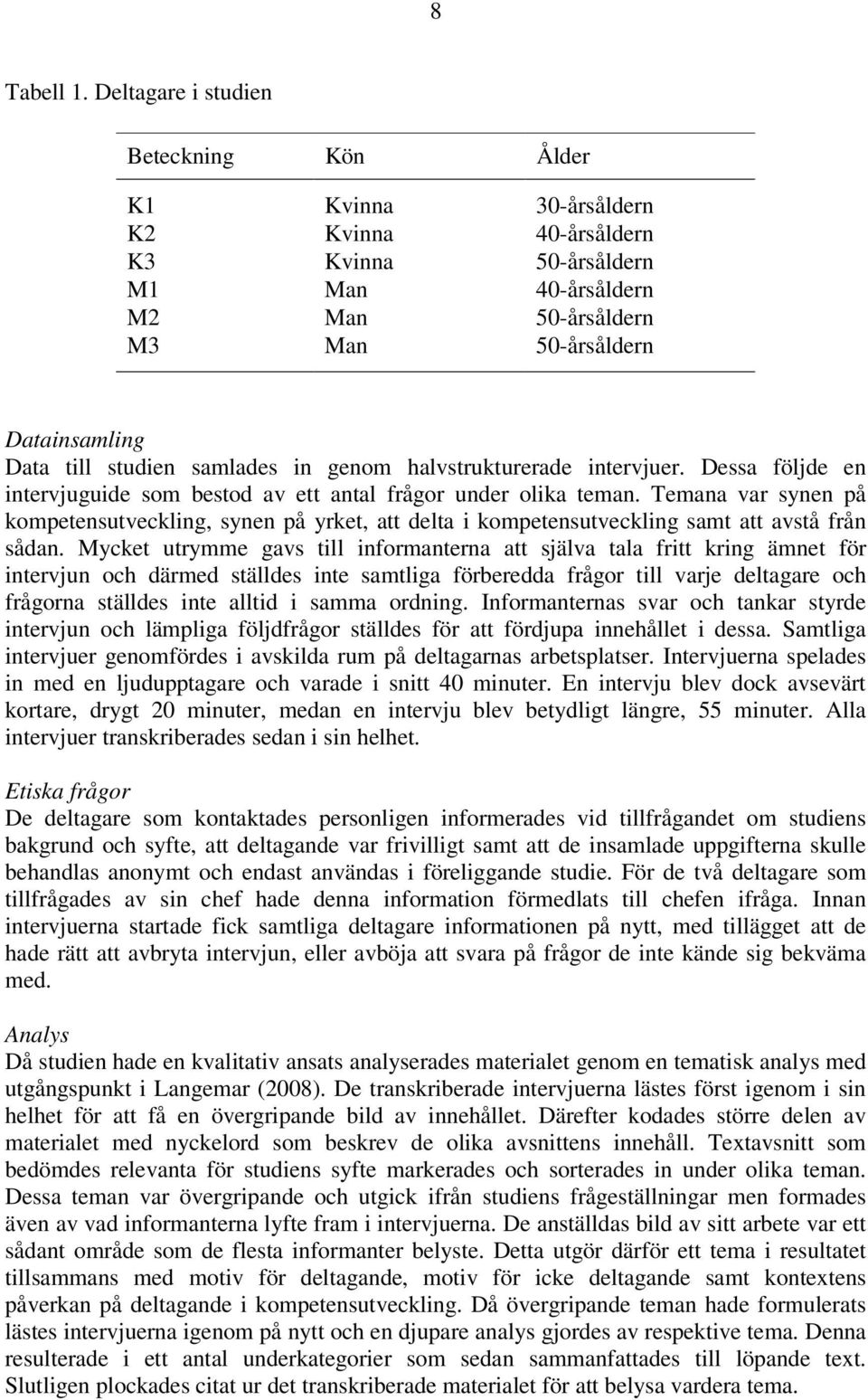 studien samlades in genom halvstrukturerade intervjuer. Dessa följde en intervjuguide som bestod av ett antal frågor under olika teman.