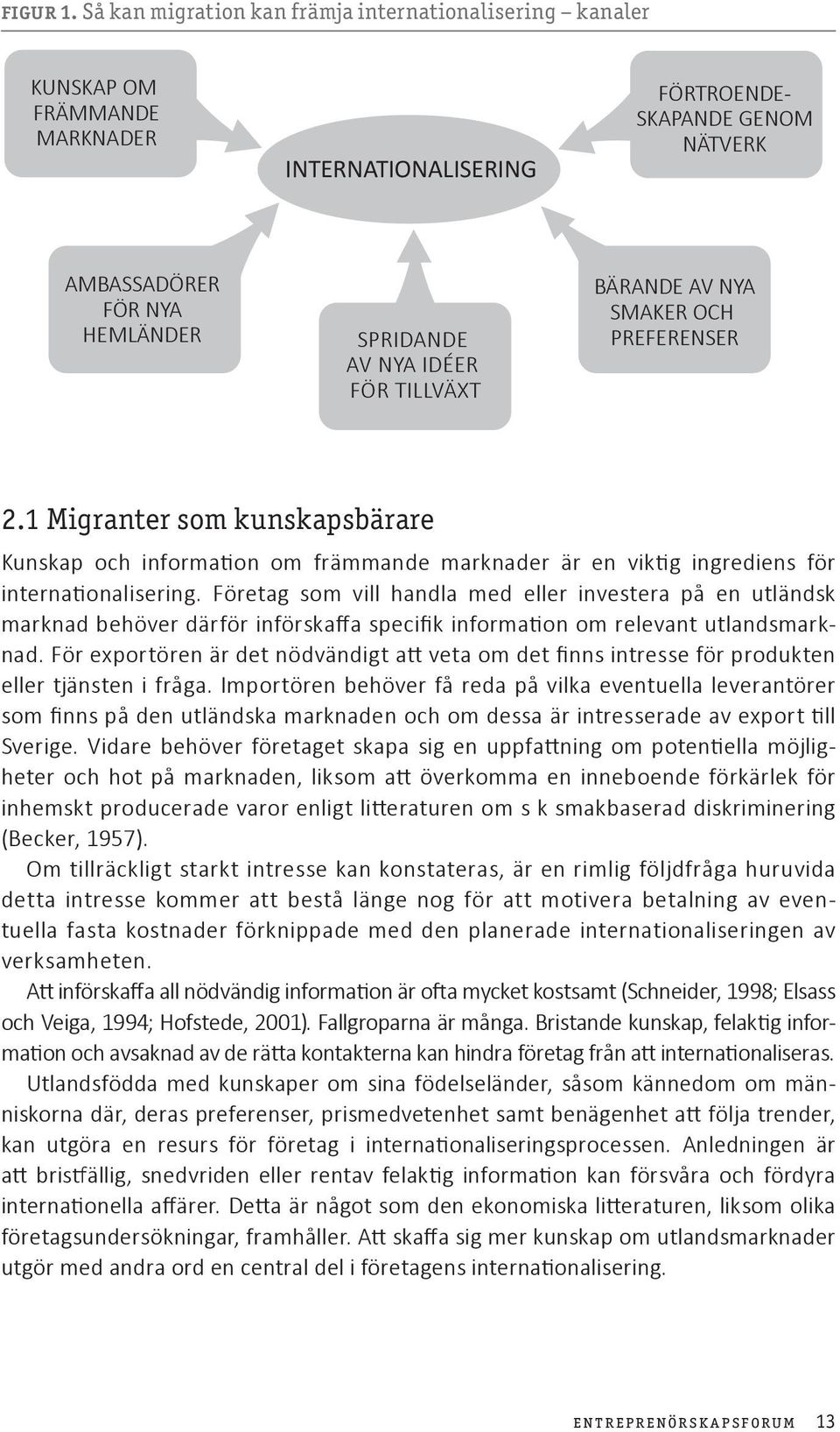 FÖR TILLVÄXT BÄRANDE AV NYA SMAKER OCH PREFERENSER 2.1 Migranter som kunskapsbärare Kunskap och information om främmande marknader är en viktig ingrediens för internationalisering.