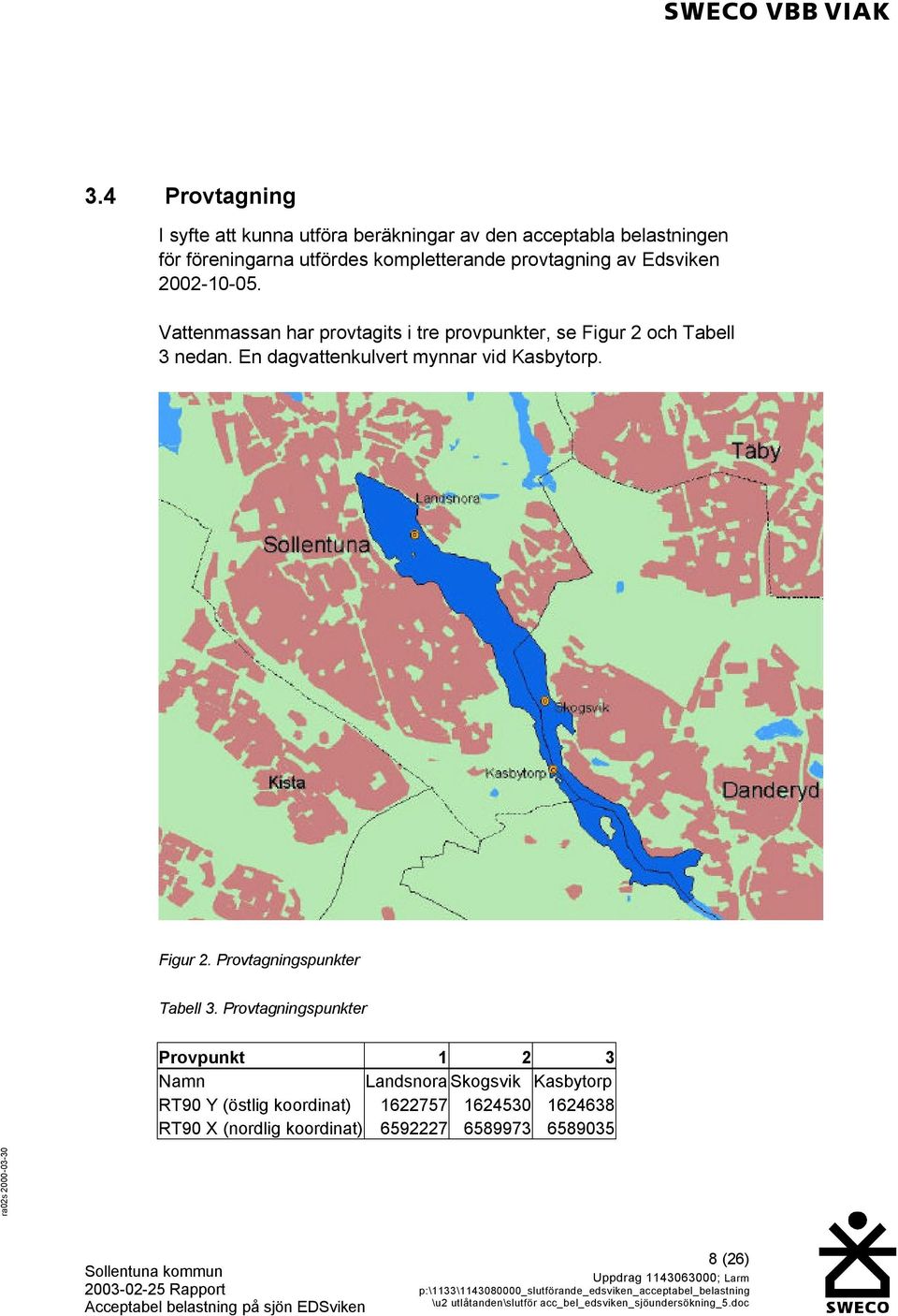 En dagvattenkulvert mynnar vid Kasbytorp. Figur 2. Provtagningspunkter Tabell 3.