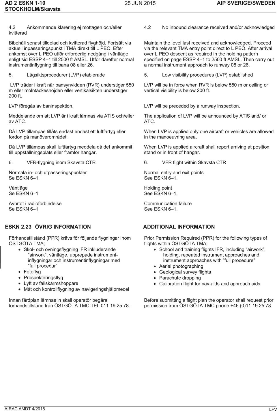 Utför därefter normal instrumentinflygning till bana 08 eller 26. 4.2 No inbound clearance received and/or acknowledged Maintain the level last received and acknowledged.