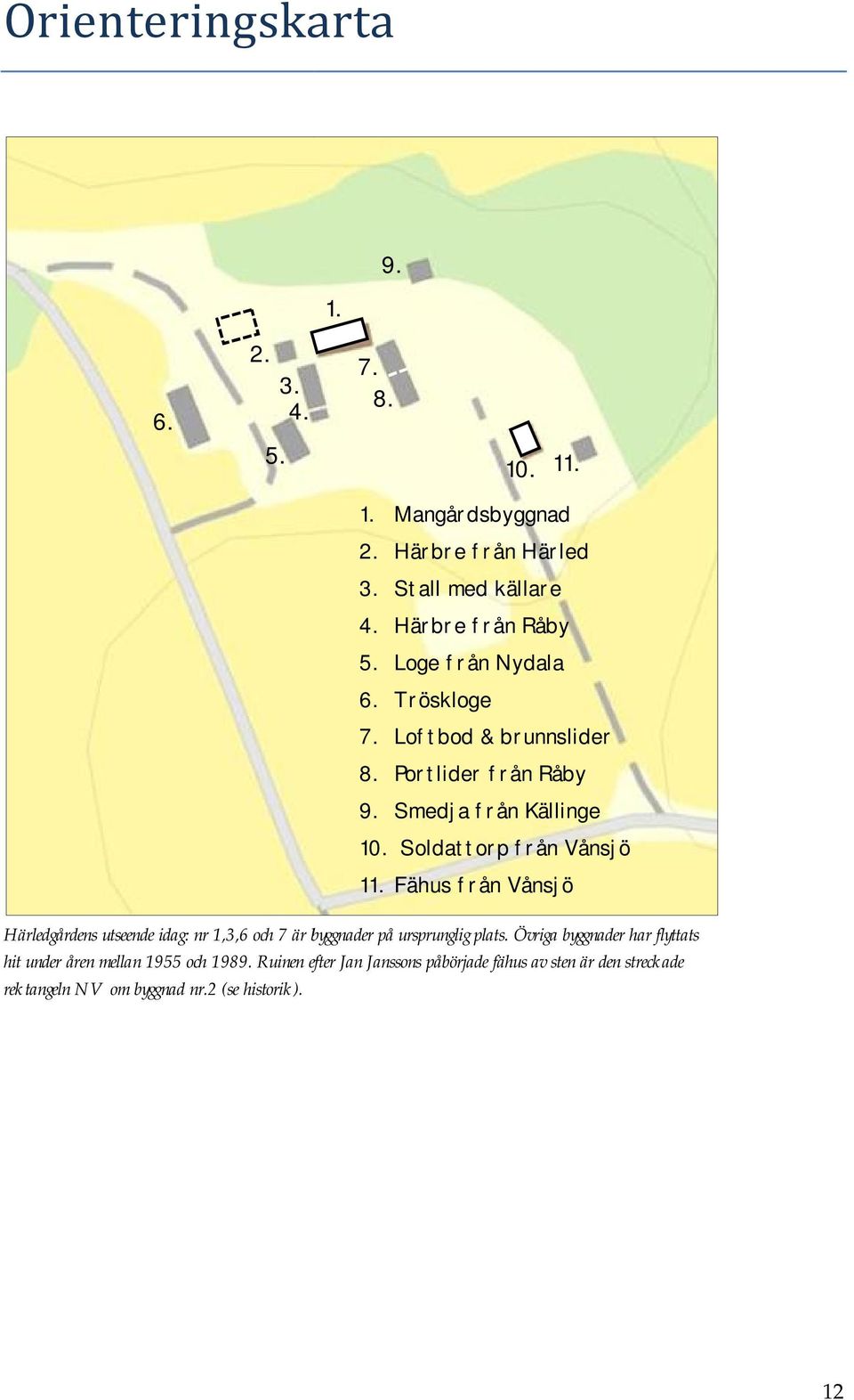 Fähus från Vånsjö Härledgårdens utseende idag: nr 1,3,6 och 7 är byggnader på ursprunglig plats.