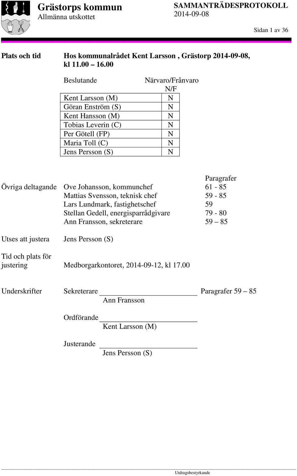 Övriga deltagande Ove Johansson, kommunchef Mattias Svensson, teknisk chef Lars Lundmark, fastighetschef Stellan Gedell, energisparrådgivare Ann Fransson, sekreterare