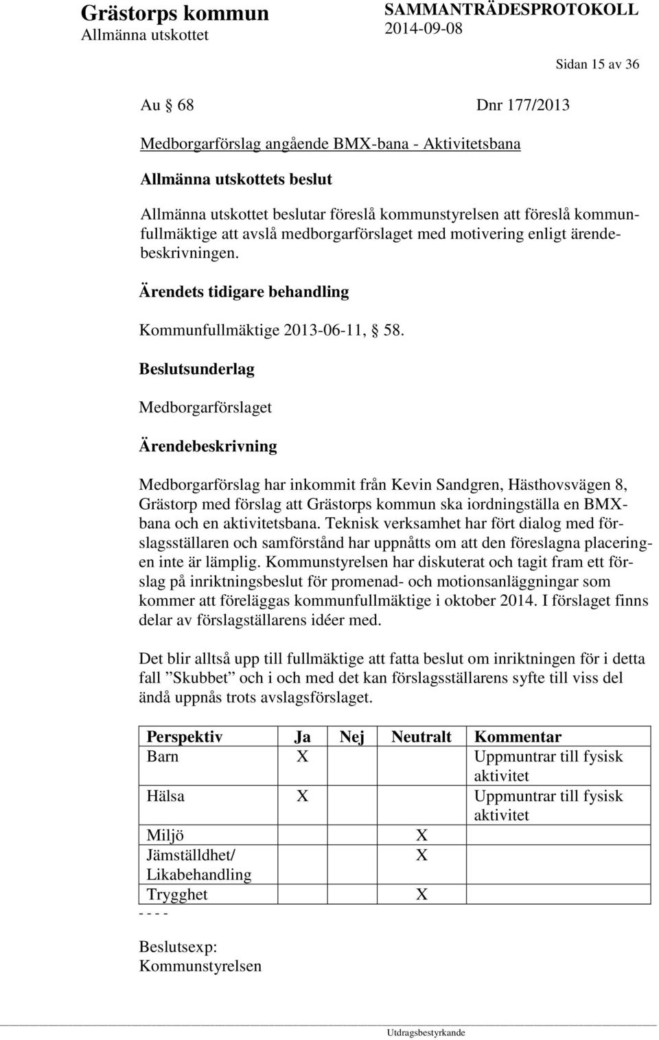 Medborgarförslaget Medborgarförslag har inkommit från Kevin Sandgren, Hästhovsvägen 8, Grästorp med förslag att Grästorps kommun ska iordningställa en BMXbana och en aktivitetsbana.