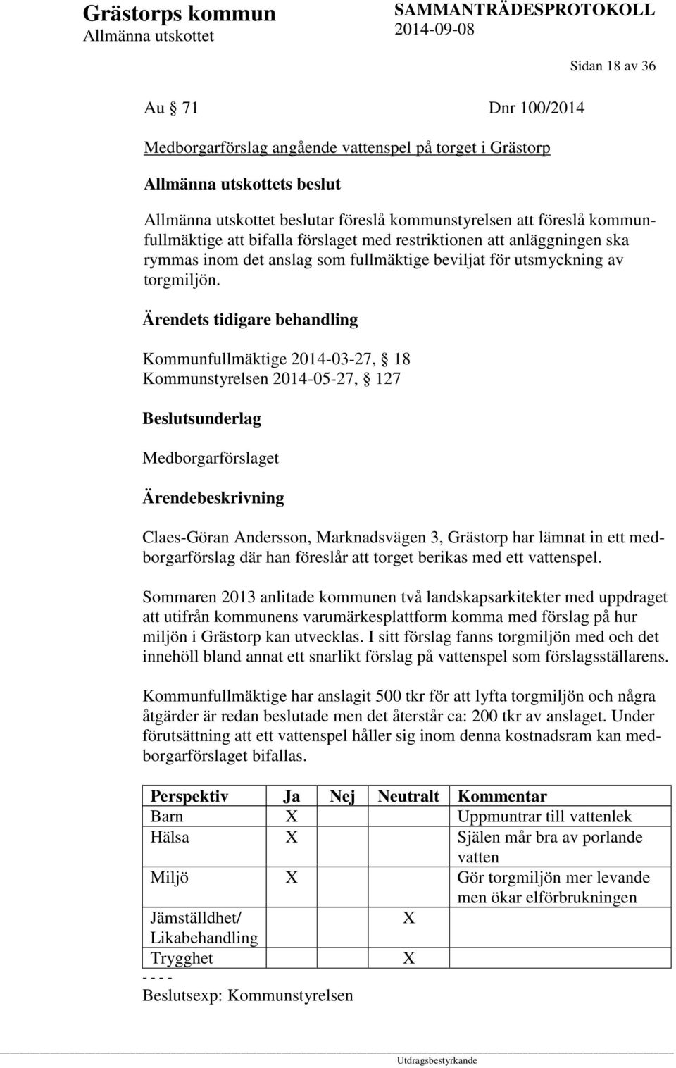 Ärendets tidigare behandling Kommunfullmäktige 2014-03-27, 18 Kommunstyrelsen 2014-05-27, 127 Medborgarförslaget Claes-Göran Andersson, Marknadsvägen 3, Grästorp har lämnat in ett medborgarförslag