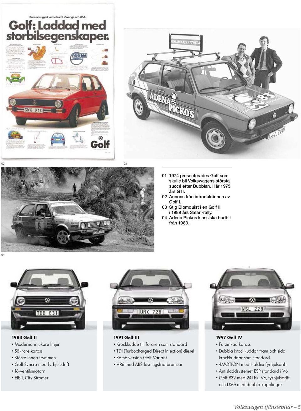 04 1983 Golf II Moderna mjukare linjer Säkrare kaross Större innerutrymmen Golf Syncro med fyrhjulsdrift 16-ventilsmotorn Elbil, City Stromer 1991 Golf III Krockkudde till föraren som standard TDI