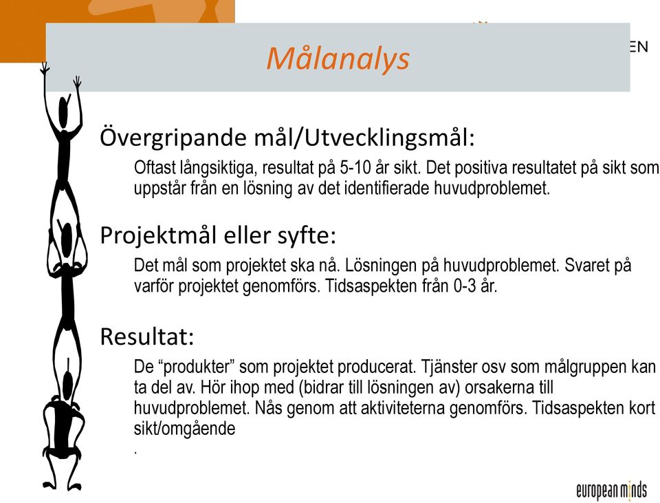 Projektmål eller syfte: Det mål som projektet ska nå. Lösningen på huvudproblemet. Svaret på varför projektet genomförs.