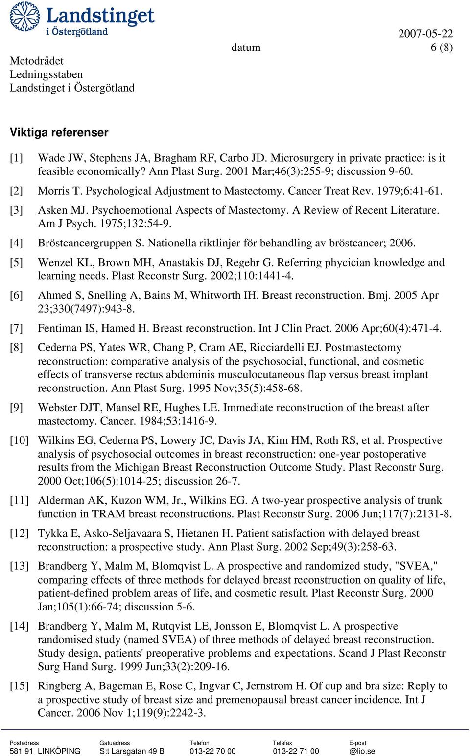 [4] Bröstcancergruppen S. Nationella riktlinjer för behandling av bröstcancer; 2006. [5] Wenzel KL, Brown MH, Anastakis DJ, Regehr G. Referring phycician knowledge and learning needs.