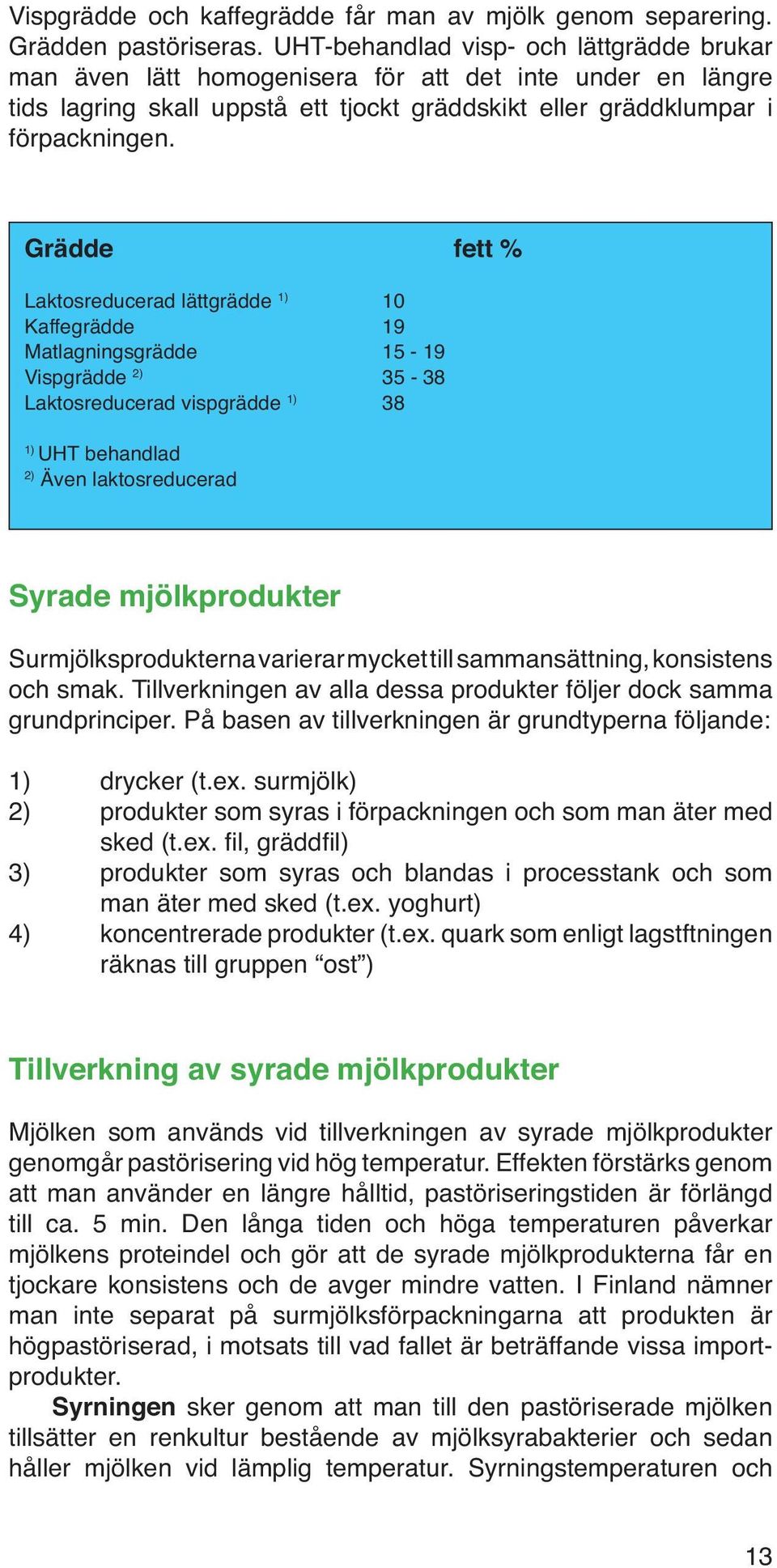 Grädde fett % Laktosreducerad lättgrädde 1) 10 Kaffegrädde 19 Matlagningsgrädde 15-19 Vispgrädde 2) 35-38 Laktosreducerad vispgrädde 1) 38 1) UHT behandlad 2) Även laktosreducerad Syrade