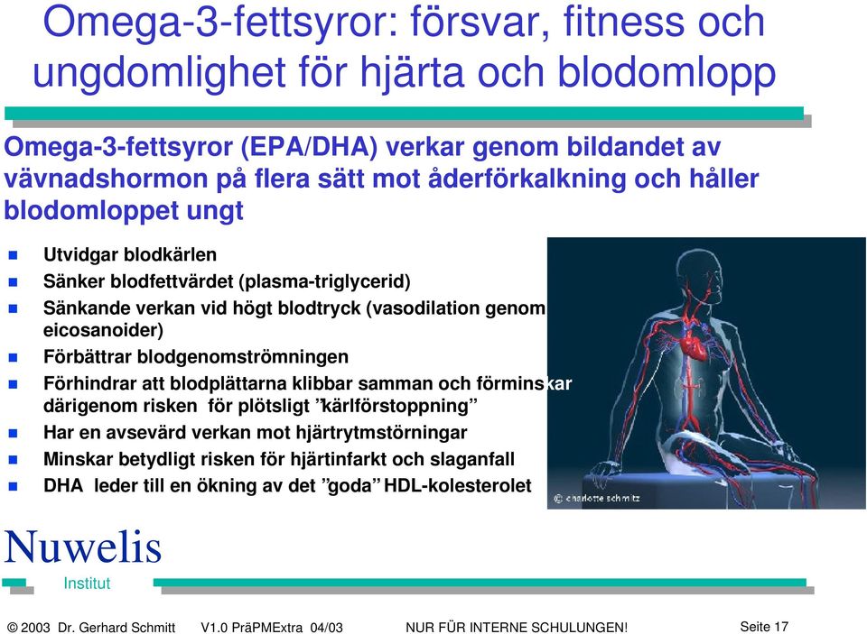 blodgenomströmningen Förhindrar att blodplättarna klibbar samman och förminskar därigenom risken för plötsligt kärlförstoppning Har en avsevärd verkan mot hjärtrytmstörningar