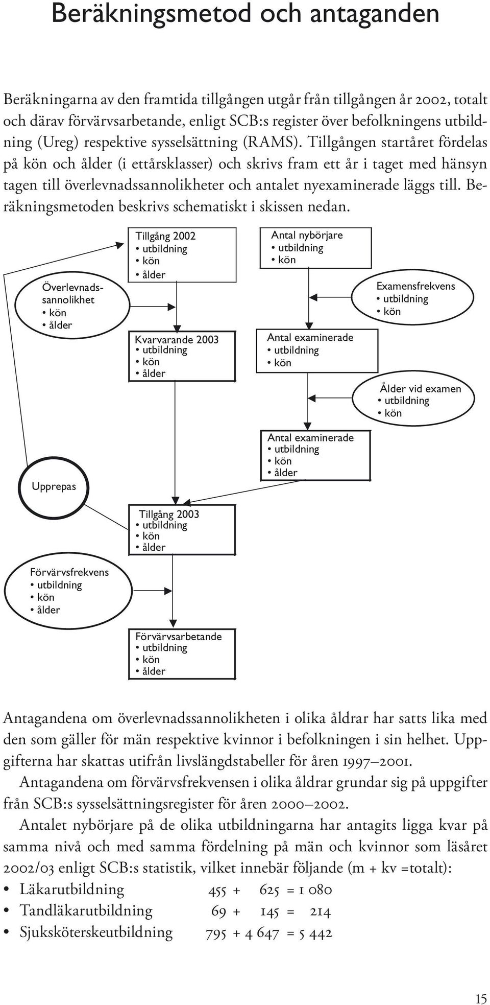 Tillgången startåret fördelas på kön och ålder (i ettårsklasser) och skrivs fram ett år i taget med hänsyn tagen till överlevnadssannolikheter och antalet nyexaminerade läggs till.