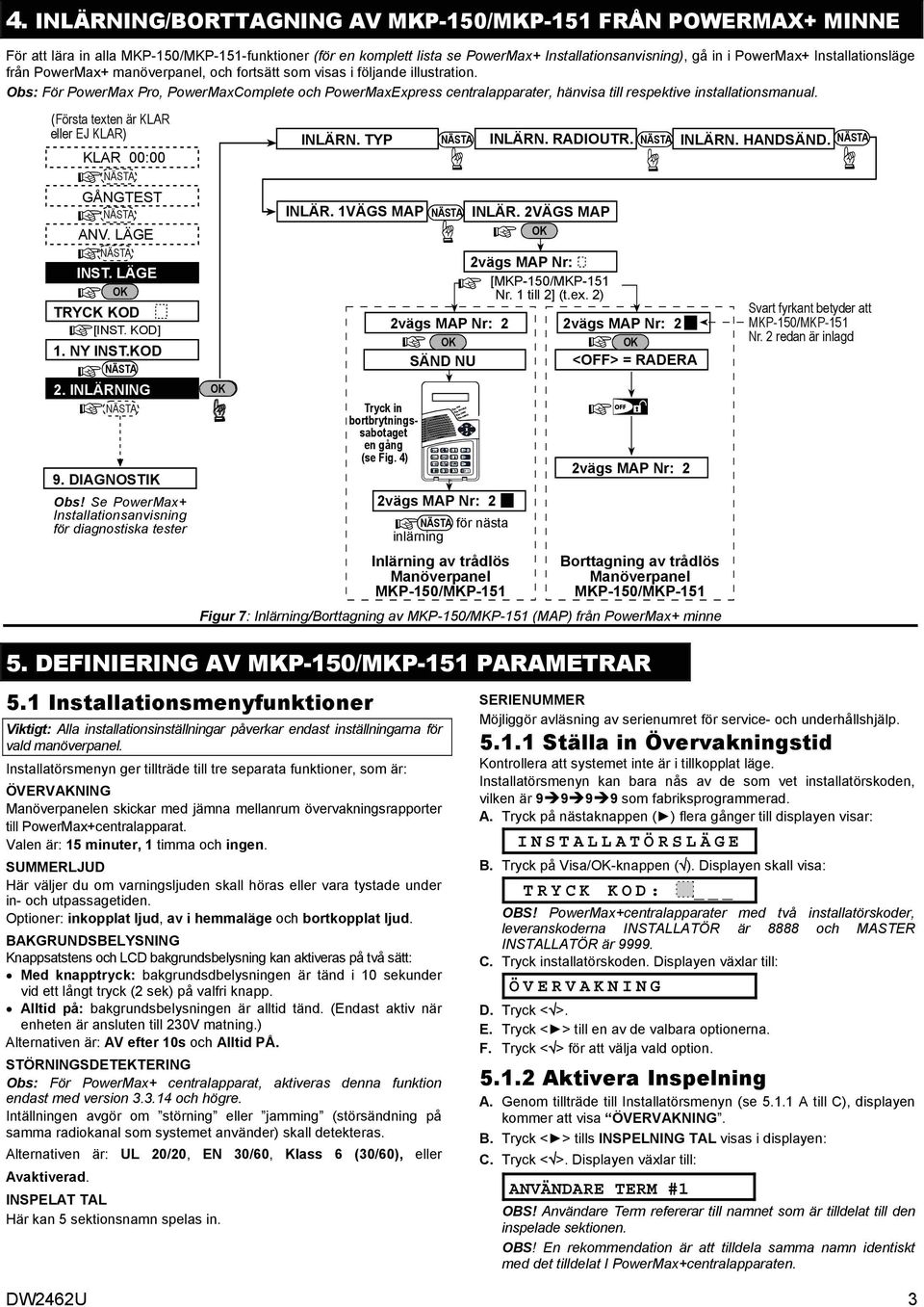 Obs: För PowerMax Pro, PowerMaxComplete och PowerMaxExpress centralapparater, hänvisa till respektive installationsmanual. (Första texten är KLAR eller EJ KLAR) KLAR 00:00 GÅNGTEST ANV. LÄGE INST.