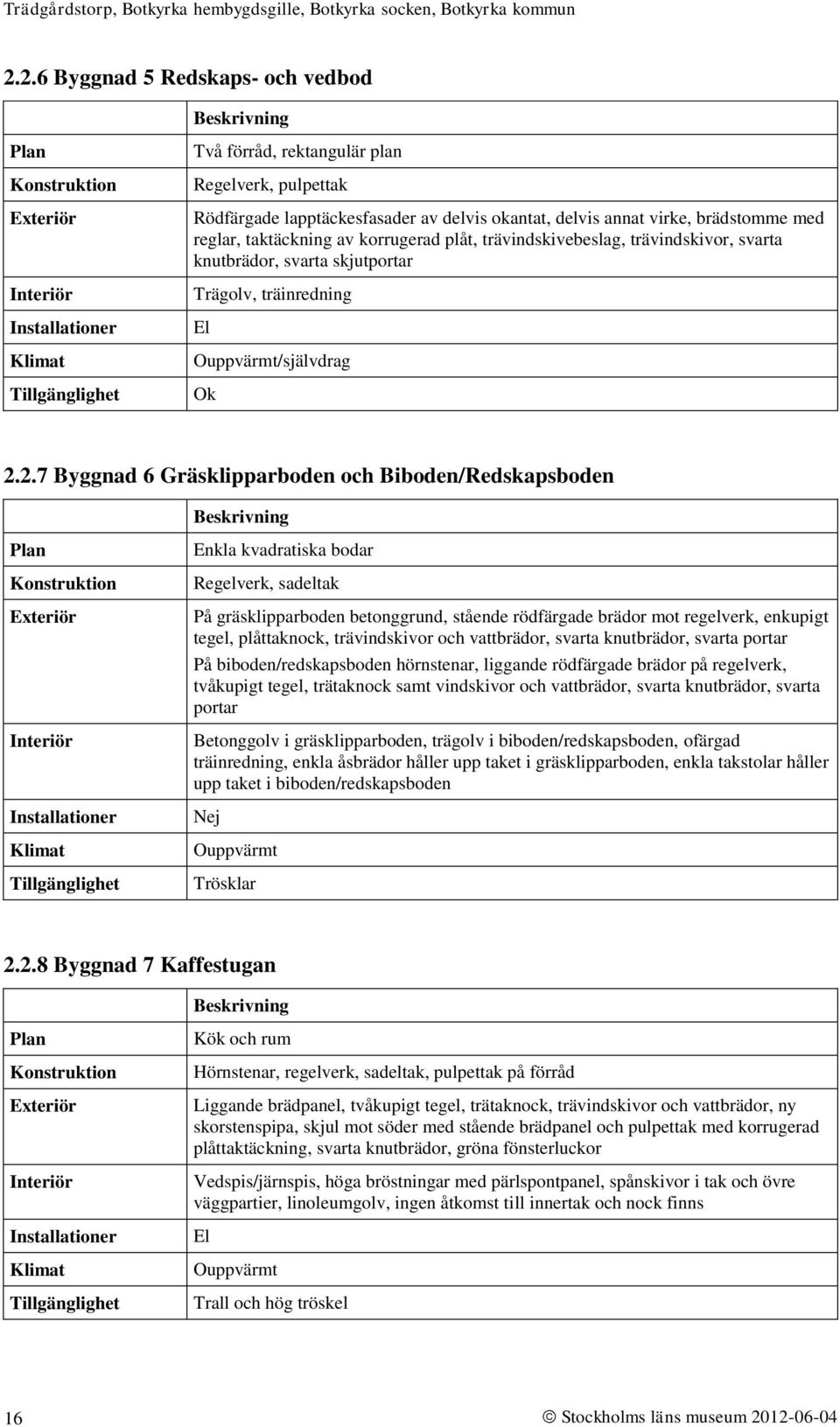 2.7 Byggnad 6 Gräsklipparboden och Biboden/Redskapsboden Plan Installationer Klimat Tillgänglighet Beskrivning Enkla kvadratiska bodar Regelverk, sadeltak På gräsklipparboden betonggrund, stående