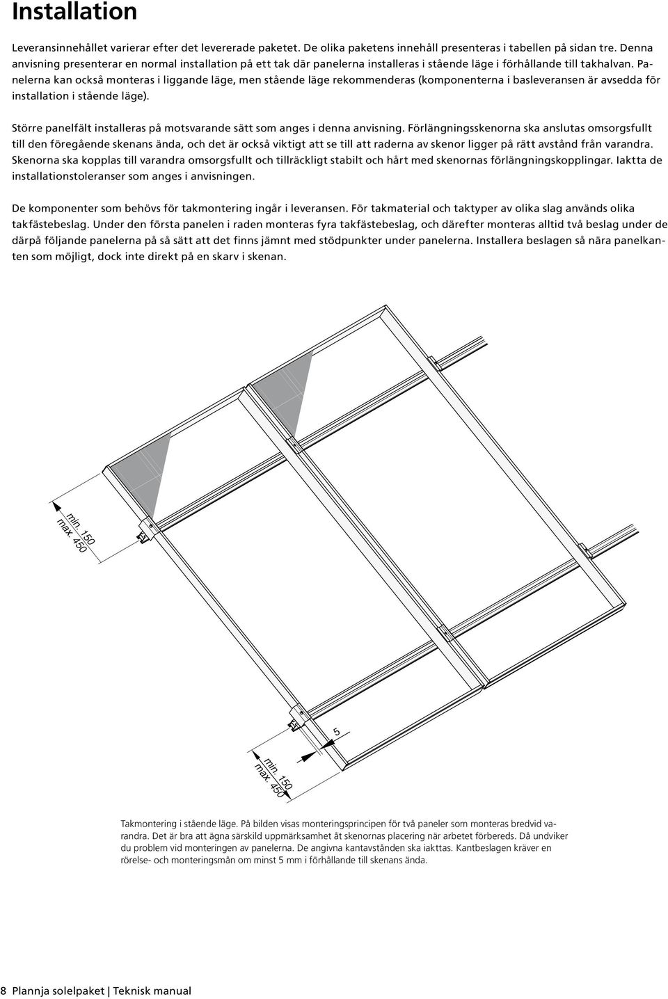 Panelerna kan också monteras i liggande läge, men stående läge rekommenderas (komponenterna i basleveransen är avsedda för installation i stående läge).