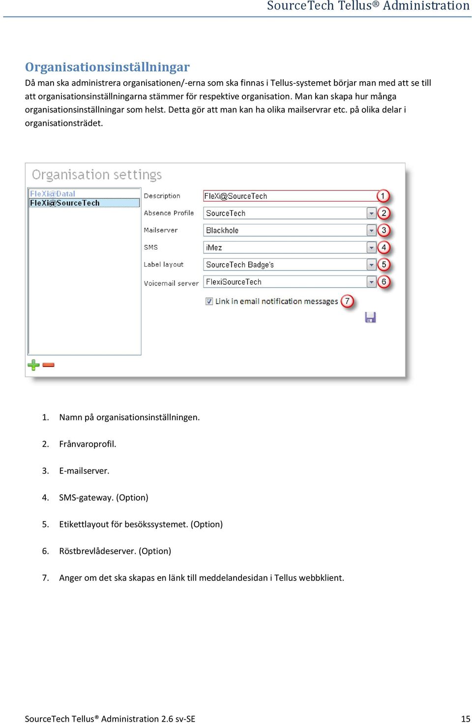 Detta gör att man kan ha olika mailservrar etc. på olika delar i organisationsträdet. 1. Namn på organisationsinställningen. 2. Frånvaroprofil. 3. E-mailserver. 4.