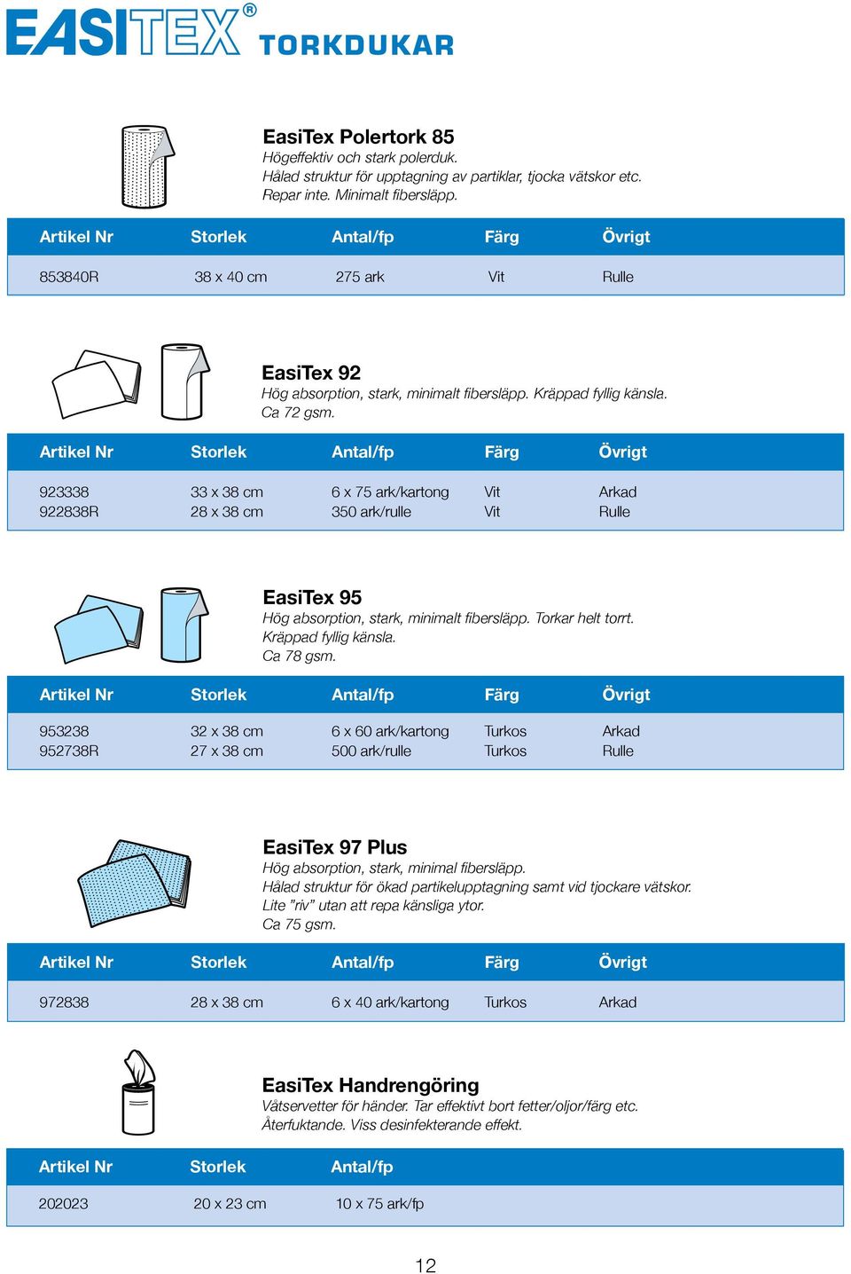 Artikel Nr Storlek Antal/fp Färg Övrigt 923338 33 x 38 cm 6 x 75 ark/kartong Vit Arkad 922838R 28 x 38 cm 350 ark/rulle Vit Rulle EasiTex 95 Hög absorption, stark, minimalt fibersläpp.