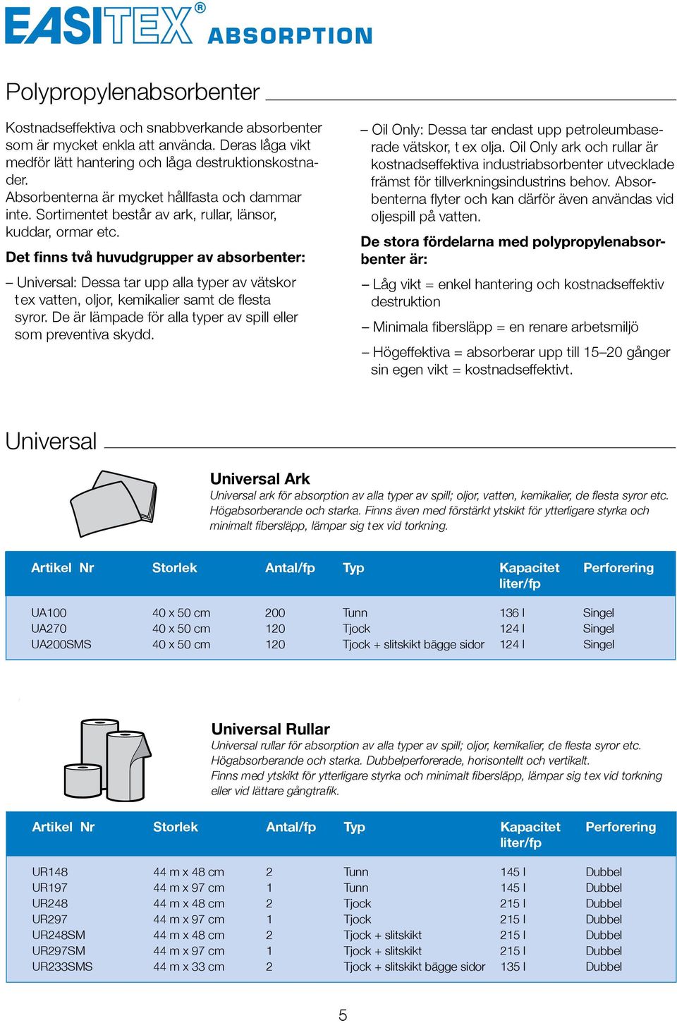 Det finns två huvudgrupper av absorbenter: Universal: Dessa tar upp alla typer av vätskor tex vatten, oljor, kemikalier samt de flesta syror.