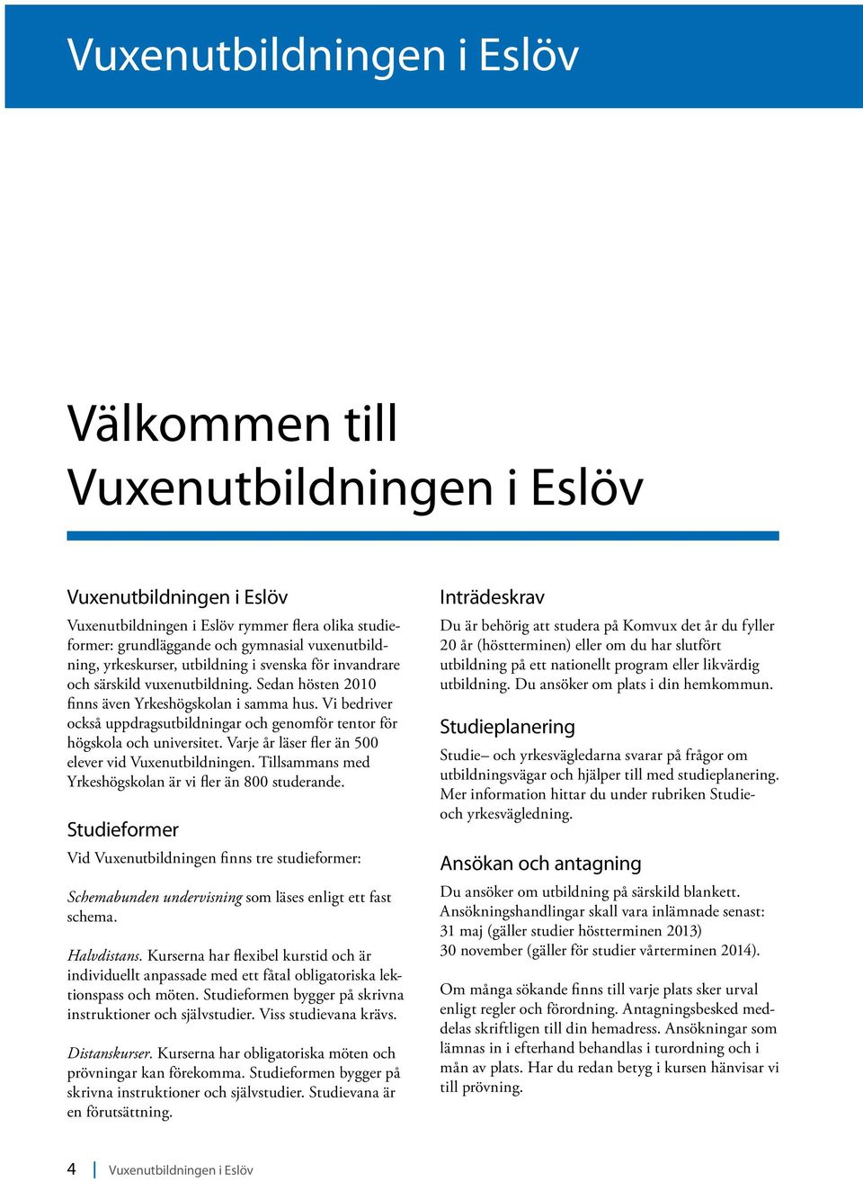 Varje år läser fler än 500 elever vid Vuxenutbildningen. Tillsammans med Yrkeshögskolan är vi fler än 800 studerande.