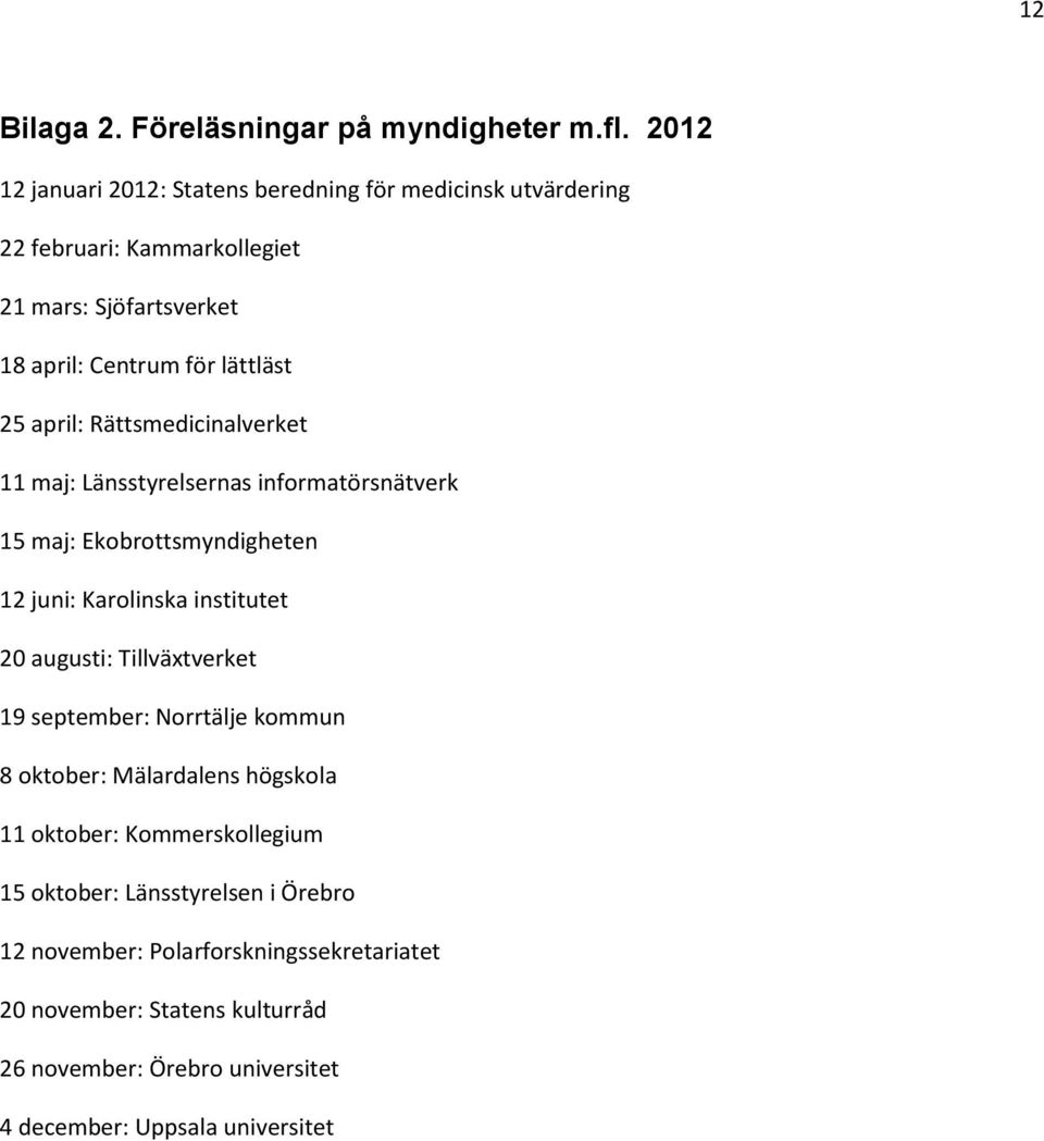 april: Rättsmedicinalverket 11 maj: Länsstyrelsernas informatörsnätverk 15 maj: Ekobrottsmyndigheten 12 juni: Karolinska institutet 20 augusti: