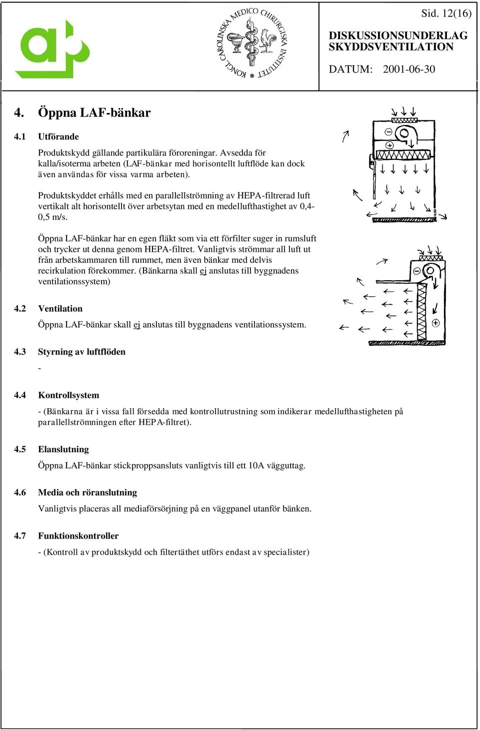 Produktskyddet erhålls med en parallellströmning av HEPA-filtrerad luft vertikalt alt horisontellt över arbetsytan med en medellufthastighet av 0,4-0,5 m/s.