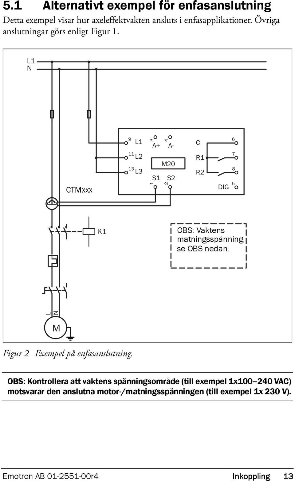 L1 N CTMxxx 9 11 13 L1 L2 L3 A+ S1 A- M20 3 4 S2 1 2 C R1 R2 DIG 6 7 8 5 K1 OBS: Vaktens matningsspänning, se OBS nedan.