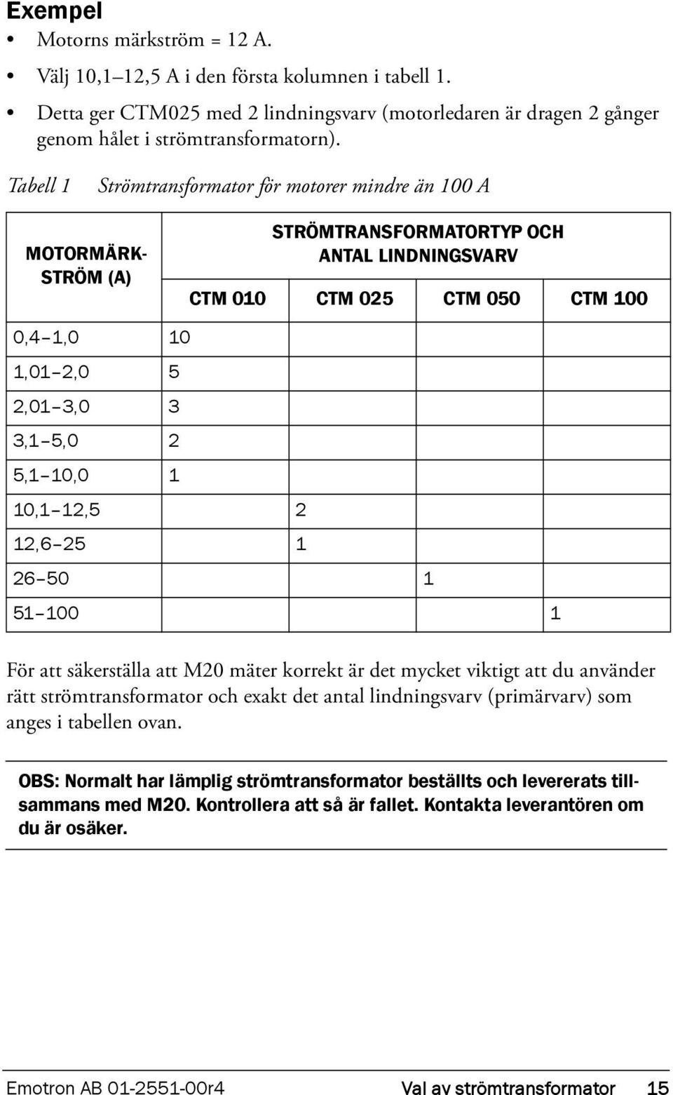 5,1 10,0 1 10,1 12,5 2 12,6 25 1 26 50 1 51 100 1 För att säkerställa att M20 mäter korrekt är det mycket viktigt att du använder rätt strömtransformator och exakt det antal lindningsvarv