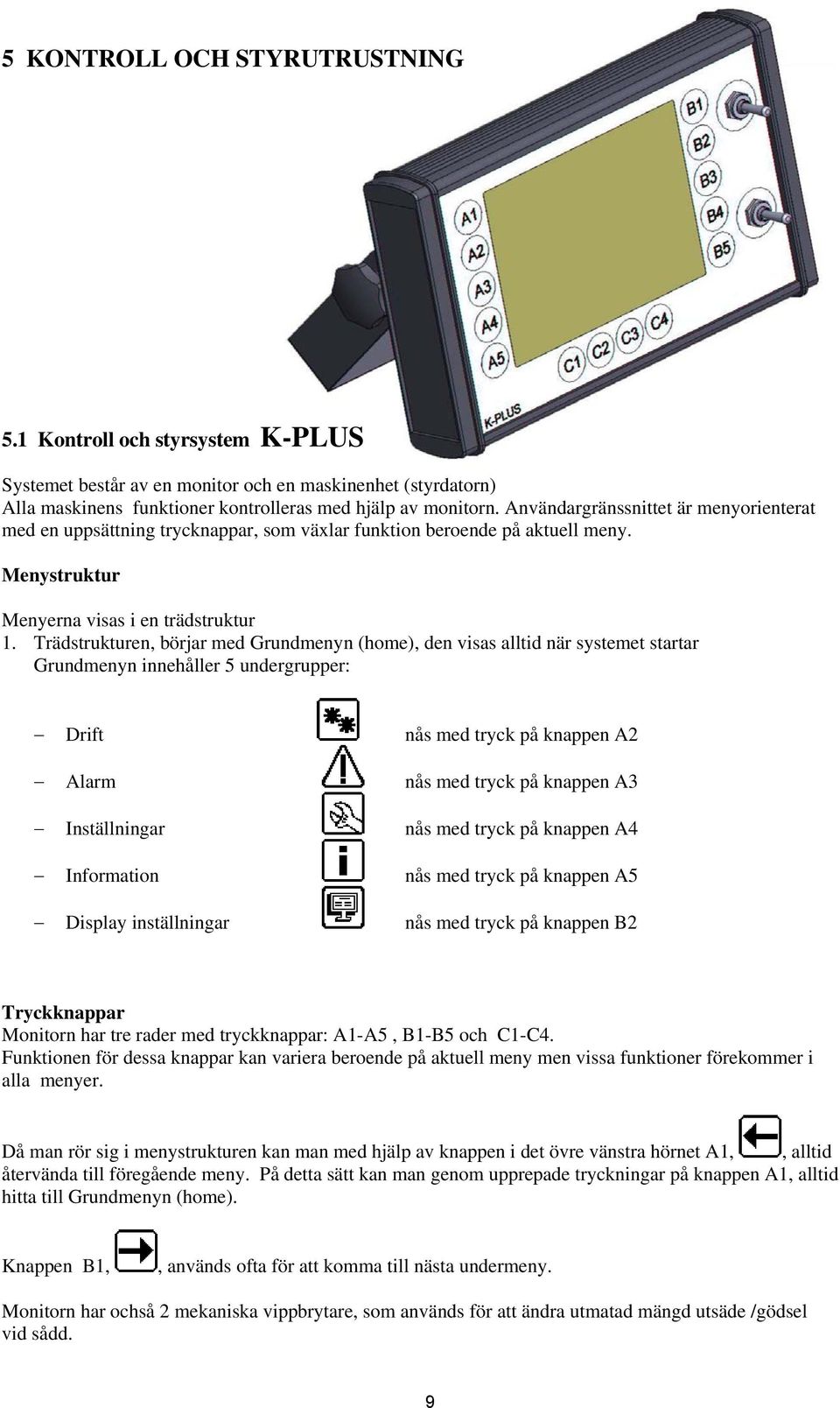 Trädstrukturen, börjar med Grundmenyn (home), den visas alltid när systemet startar Grundmenyn innehåller 5 undergrupper: Drift nås med tryck på knappen A2 Alarm nås med tryck på knappen A3