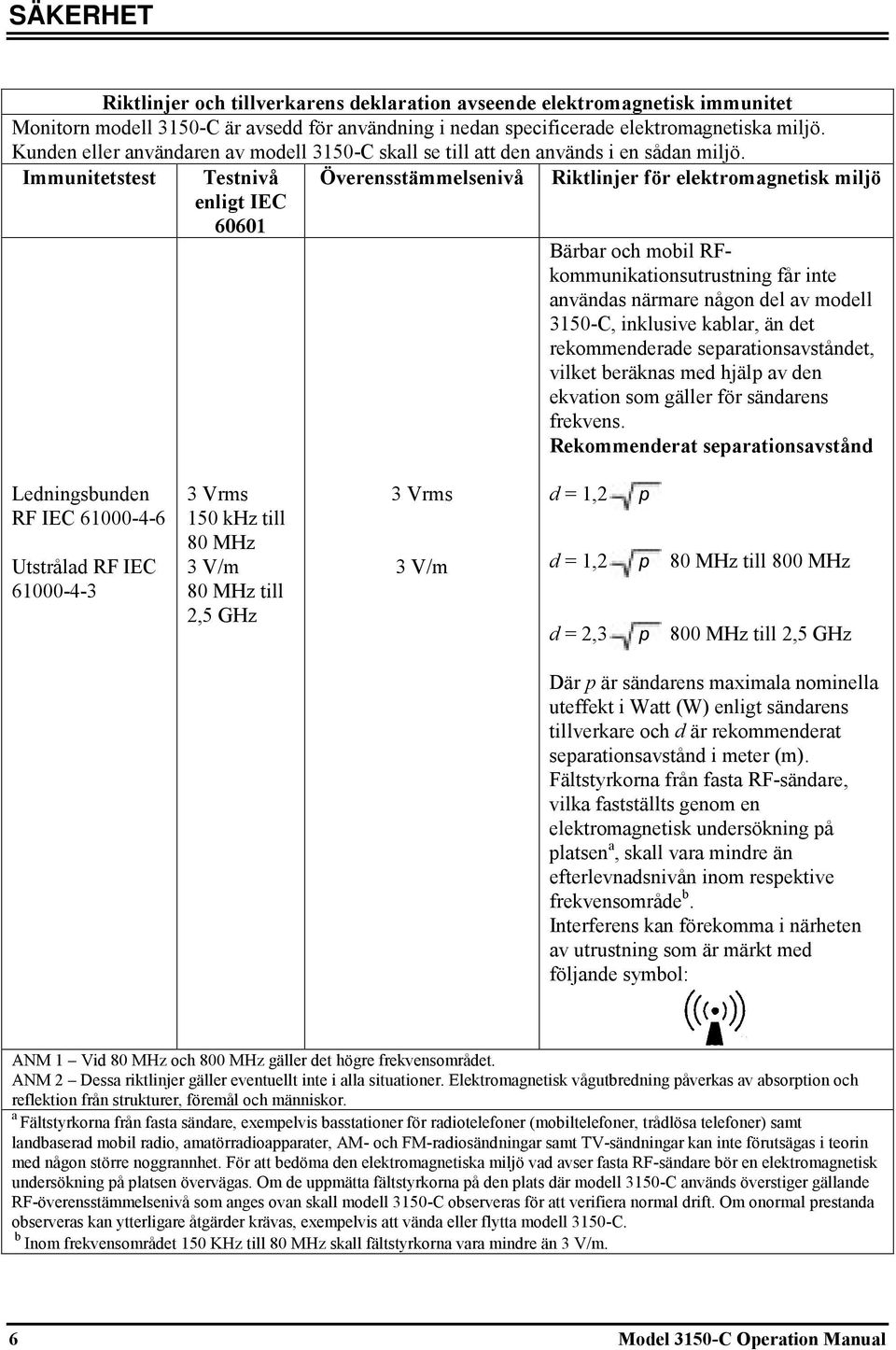 Immunitetstest Testnivå enligt IEC 60601 Överensstämmelsenivå Riktlinjer för elektromagnetisk miljö Bärbar och mobil RFkommunikationsutrustning får inte användas närmare någon del av modell 3150-C,