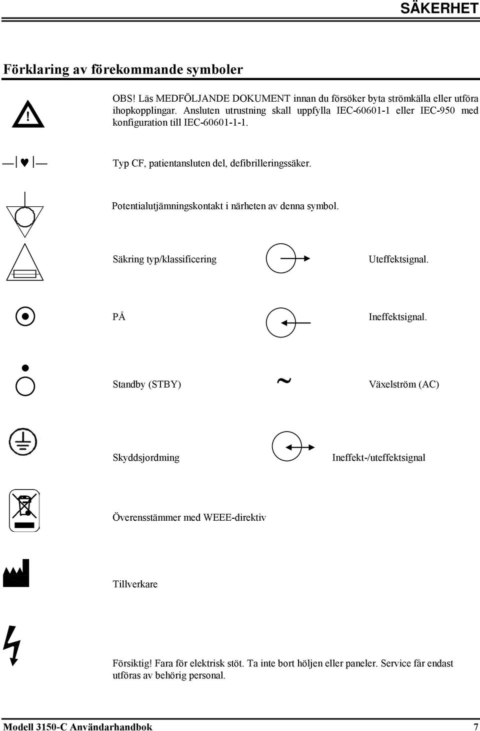 Potentialutjämningskontakt i närheten av denna symbol. Säkring typ/klassificering Uteffektsignal. PÅ Ineffektsignal.