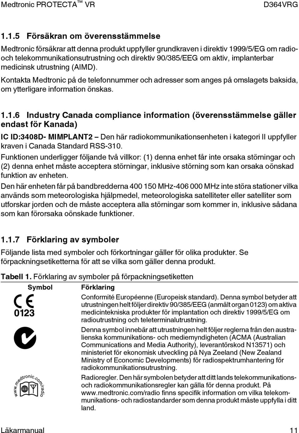 1.6 Industry Canada compliance information (överensstämmelse gäller endast för Kanada) IC ID:3408D- MIMPLANT2 Den här radiokommunikationsenheten i kategori II uppfyller kraven i Canada Standard