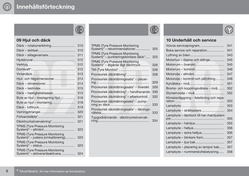 .. 319 Varningstriangel... 320 Förbandslåda*... 321 Däcktrycksövervakning*... 321 TPMS (Tyre Pressure Monitoring System)* allmänt... 322 TPMS (Tyre Pressure Monitoring System)* justera (omkalibrering).